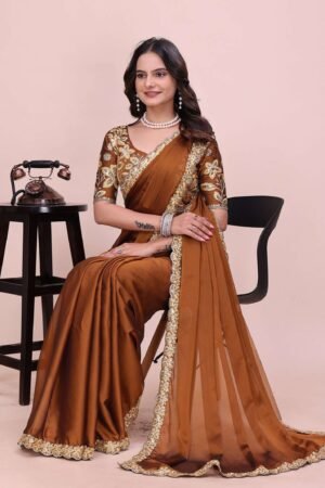 Rust Brown Sheer Saree with Embellished Blouse