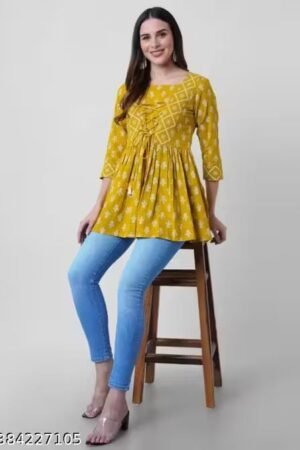 Women’s Boho Printed Peplum Top | Mustard Floral Casual Blouse with Puff Sleeves
