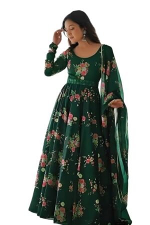 Elegant Green Printed Maxi Dress with Belt – Stylish Ethnic-Inspired Summer Outfit