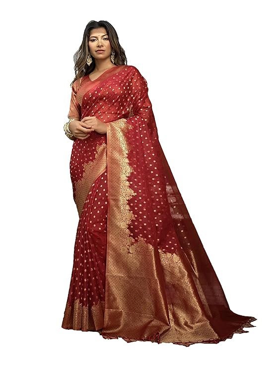 Women's Organza Art Silk Saree Zari Work, Woven Design With Blouse Piece Kalini SIlk