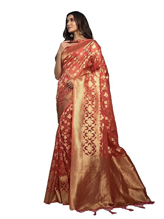 Women's Organza Art Silk Saree Zari Work, Woven Design With Blouse Piece Kalini SIlk - Image 2