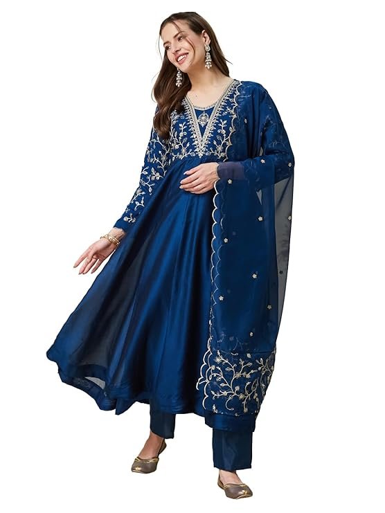 Elegant Navy Blue Embroidered Anarkali Suit Set with Dupatta | Party & Festive Wear