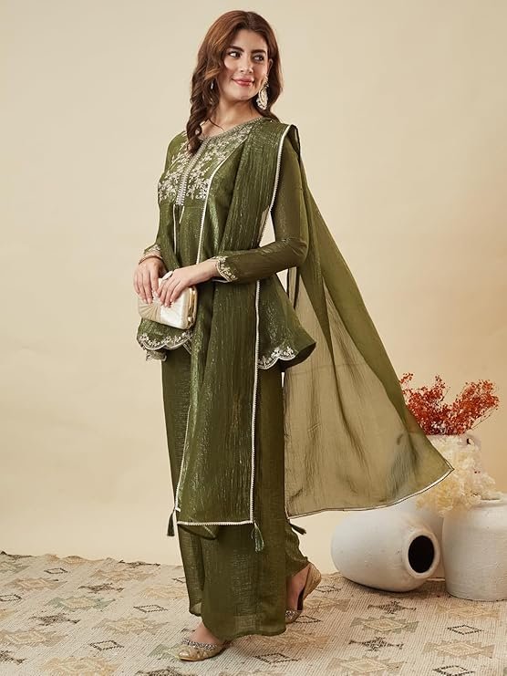 Elegant Olive Green Embroidered Kurta Palazzo Set with Dupatta | Festive & Party Wear - Image 2