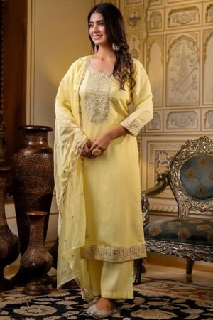 Light Yellow Embroidered Kurta Palazzo Set with Organza Dupatta | Women's Festive Ethnic Wear Suit