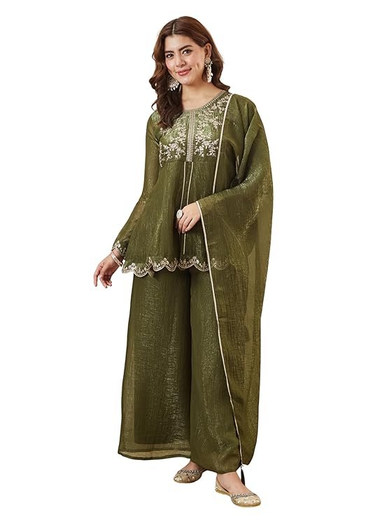 Elegant Olive Green Embroidered Kurta Palazzo Set with Dupatta | Festive & Party Wear