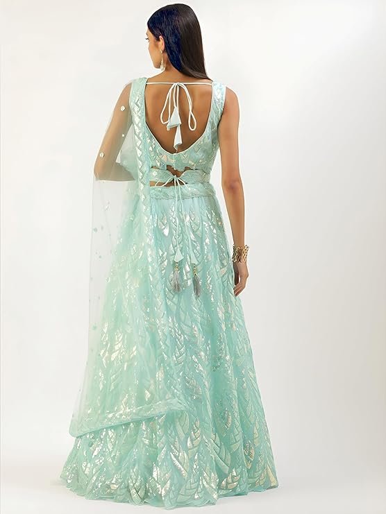 Women's Mint Green Embroidered Lehenga Choli with Net Dupatta | Designer Festive & Wedding Wear Set - Image 3