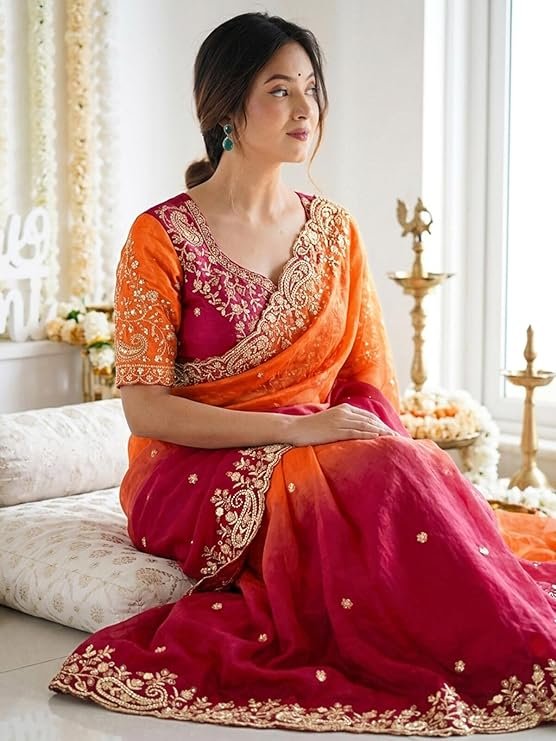 Orange Pink Ombre Embroidered Saree for Women | Designer Wedding & Party Wear Saree - Image 3