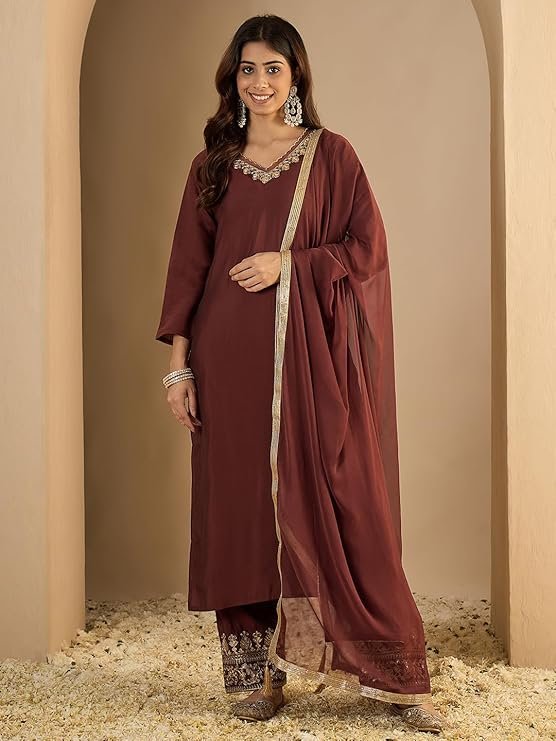 Wine Brown Kurta Pant Set for Women with Dupatta | Elegant Ethnic Suit for Festive & Party Wear