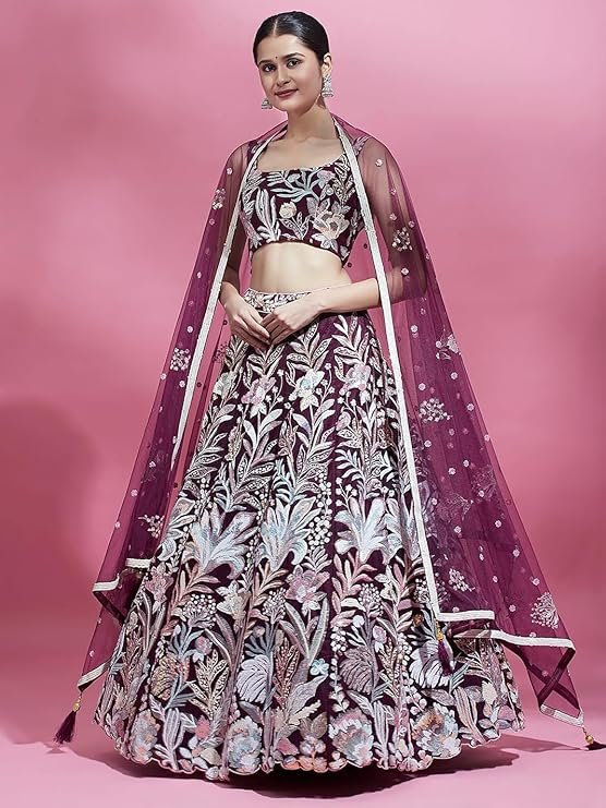 Wine Floral Embroidered Lehenga Choli for Women with Net Dupatta | Designer Wedding & Party Wear