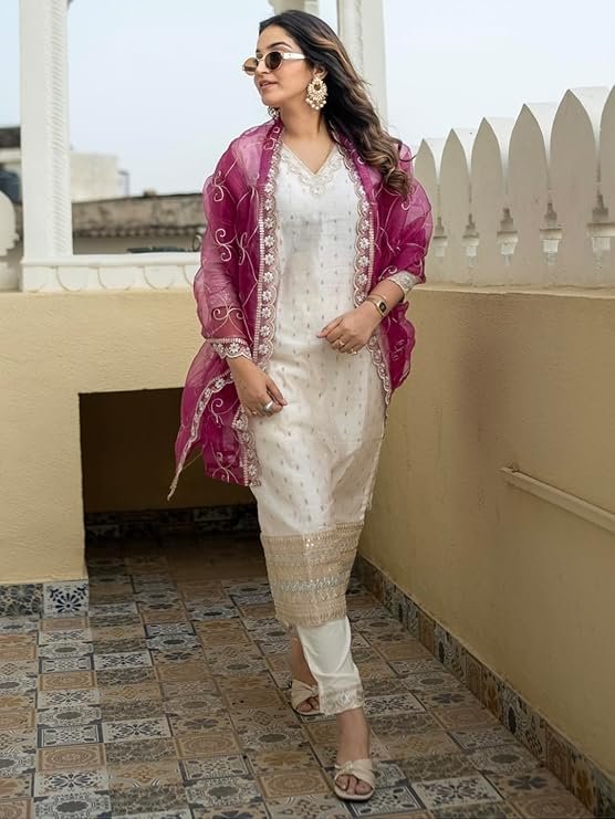 White Embroidered Kurta Pant Set for Women with Pink Organza Dupatta | Designer Ethnic Wear Suit Set - Image 2