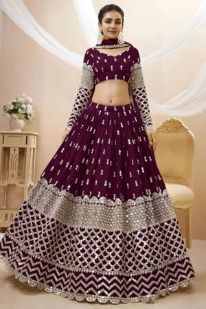 Women's Wine Purple Embroidered Lehenga Choli Set with Net Dupatta | Designer Wedding & Festive Party Wear Outfit