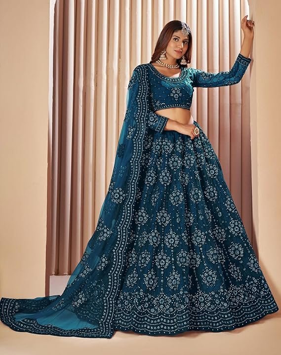 Teal Blue Embroidered Lehenga Choli with Dupatta | Designer Wedding & Party Wear Lehenga Set - Image 3