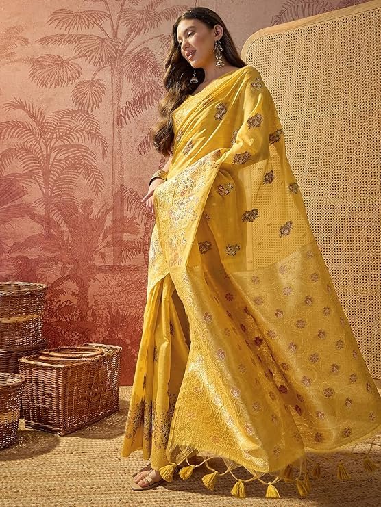 Mustard Yellow Embroidered Saree for Women | Elegant Festive, Wedding & Party Wear Saree - Image 3