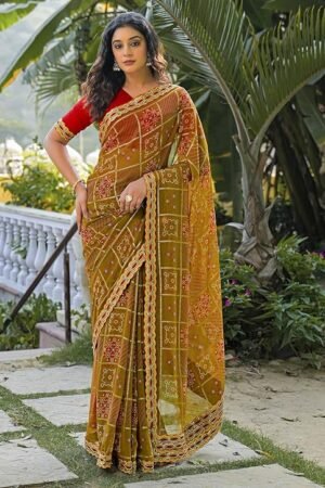 Mustard Yellow Bandhani Print Saree with Embroidered Border | Traditional Festive & Party Wear Saree