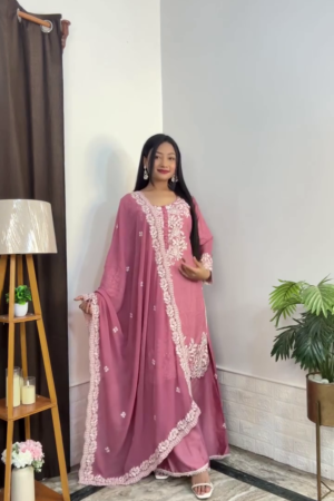 pink suit set, embroidered kurta set, palazzo suit, ethnic wear women, festive suit, wedding wear suit
