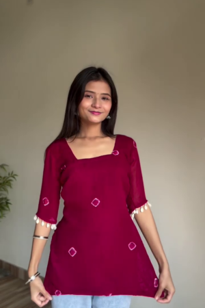 Women’s Maroon Bandhani Print Short Kurti Top – Casual Ethnic Wear